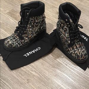 CHANEL Black and Multicolor Tweed Combat Boots